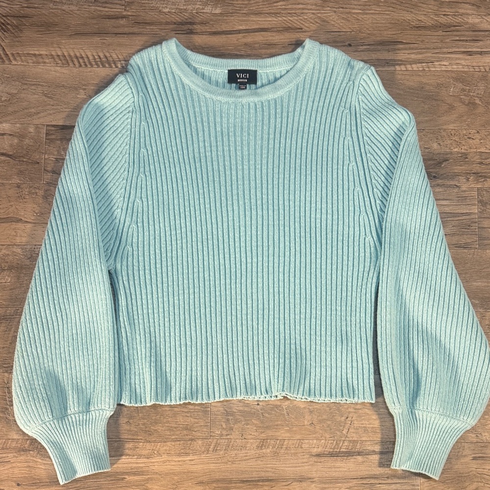 Vici Light Teal Ribbed Crewneck Sweater with Balloon Sleeves - Size M